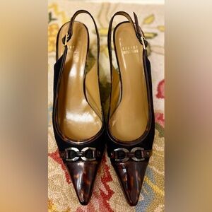 STUART WEITZMAN Vintage Black & Tortoise Patent Pointed Toe Slingback Heels - 11